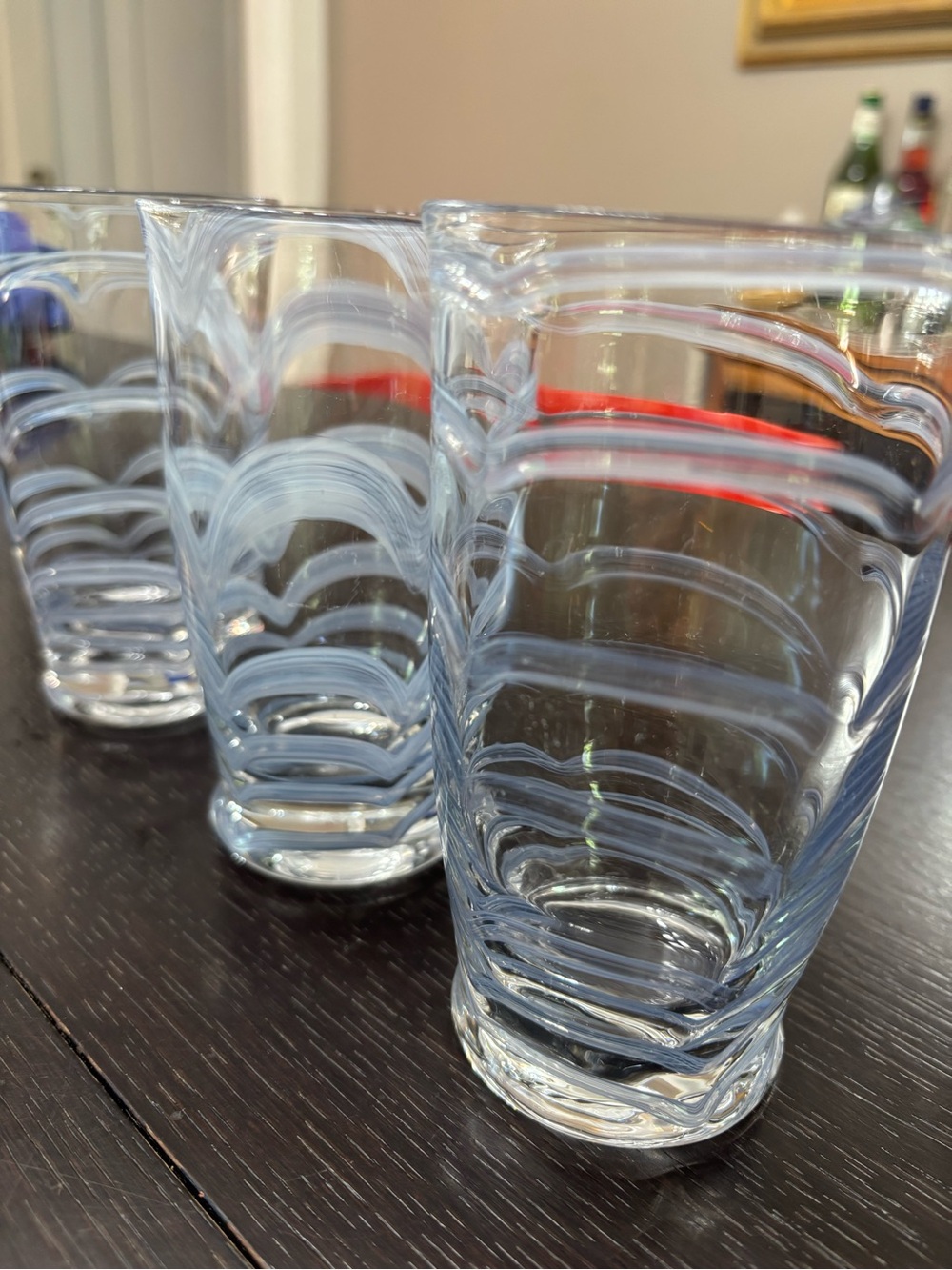 Anthropologie Clear Glass Tumblers with Light Blue Swirl Accents